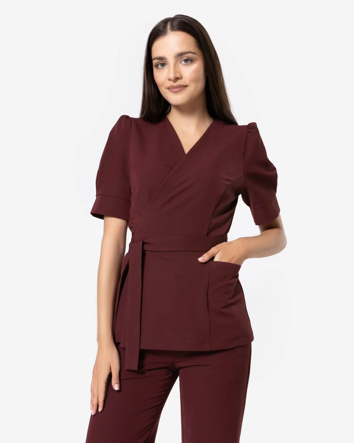 Tunika medyczna kopertowa Burgundy Bordowa