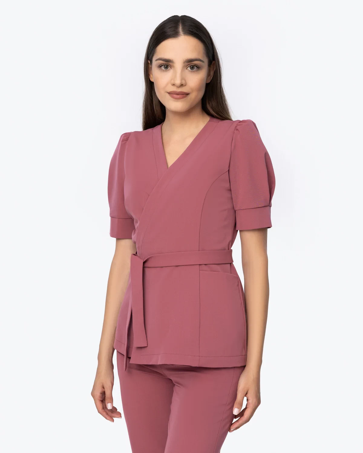 Tunika medyczna kopertowa Dusty Rose ciemny róż pastelowa
